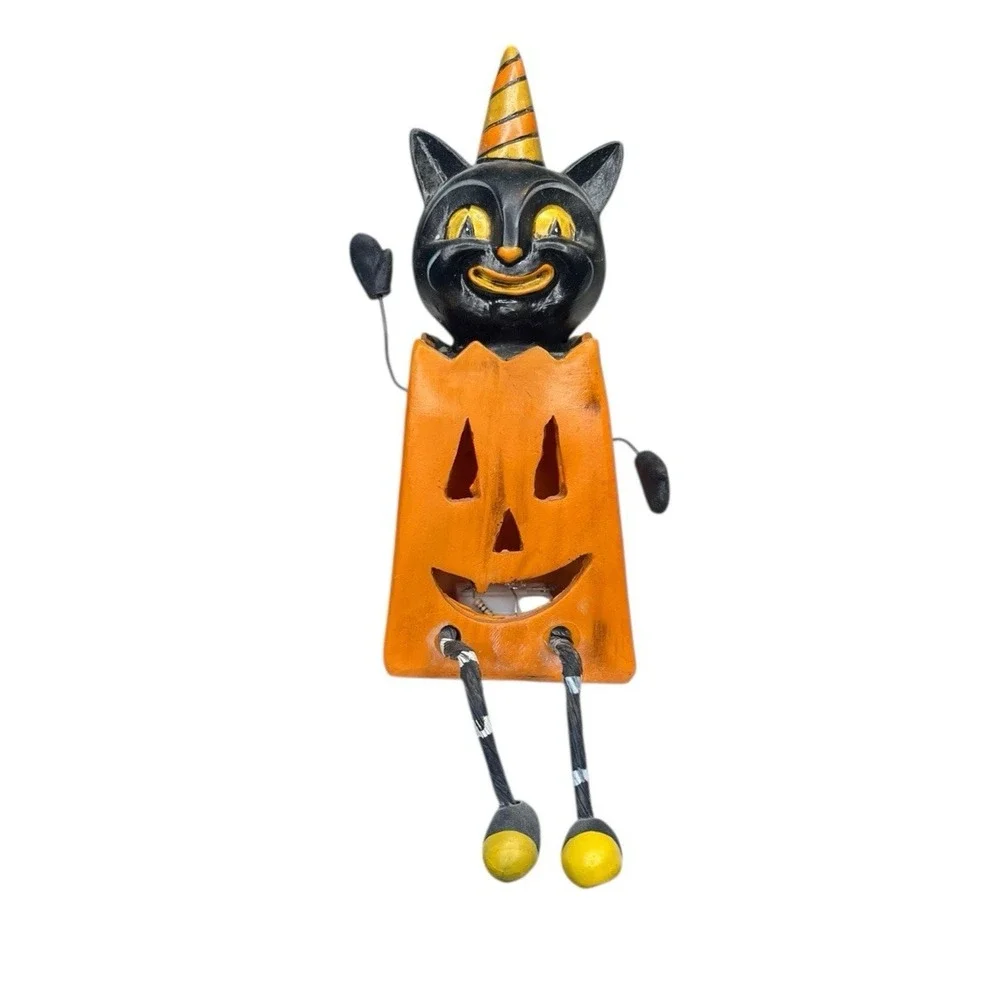 JOHANNA PARKER Retro Cat Pumpkin Shelf Sitter Light Up Treat Bag‎ jack o lantern